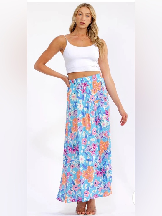 Promesa Dresses & Skirts - Promesa- Blue Floral Maxi Wrap Skirt with Orange & Pink Blooms various sizes